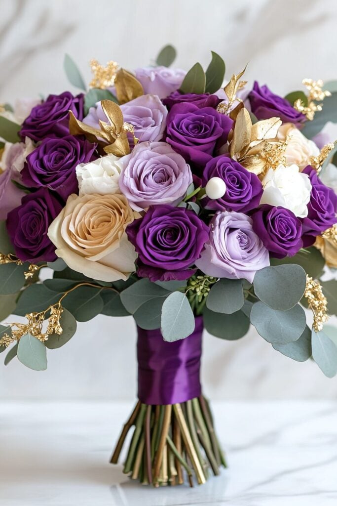 A luxurious wedding bouquet with deep purple and lavender roses, eucalyptus leaves, and gold accents, tied with a rich purple ribbon.