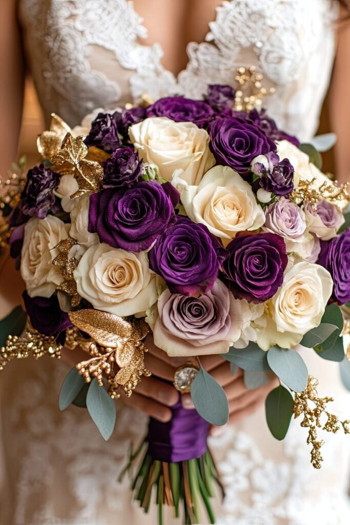A wedding bouquet with deep purple and cream roses, gold accents, and eucalyptus, held by a bride in a lace gown.