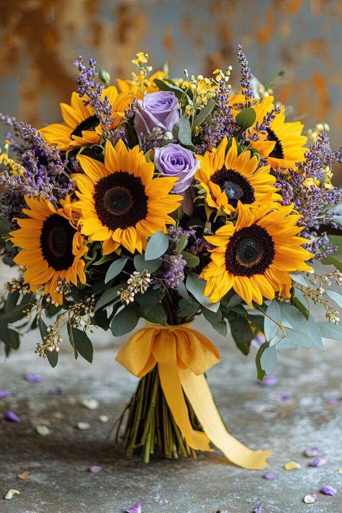 A rustic wedding bouquet with sunflowers, lavender roses, and wildflowers, tied with a yellow ribbon.
