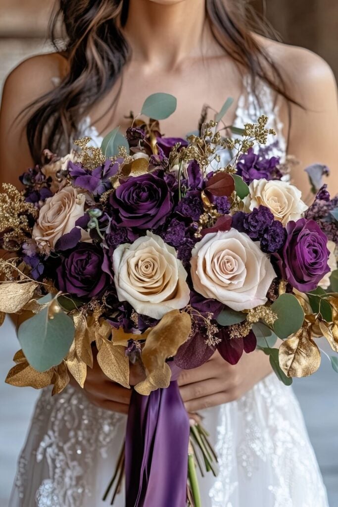 A luxurious wedding bouquet featuring plum roses, beige flowers, gold accents, and eucalyptus greenery.