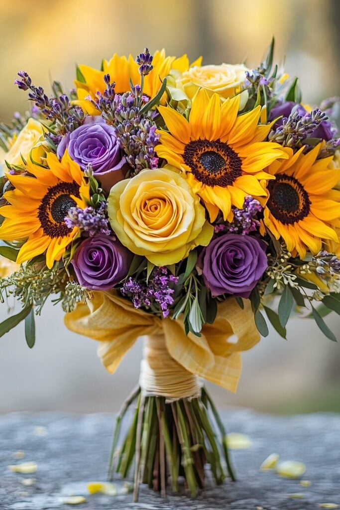 A wedding bouquet with sunflowers, yellow and lavender roses, and lavender sprigs, tied with a yellow ribbon.
