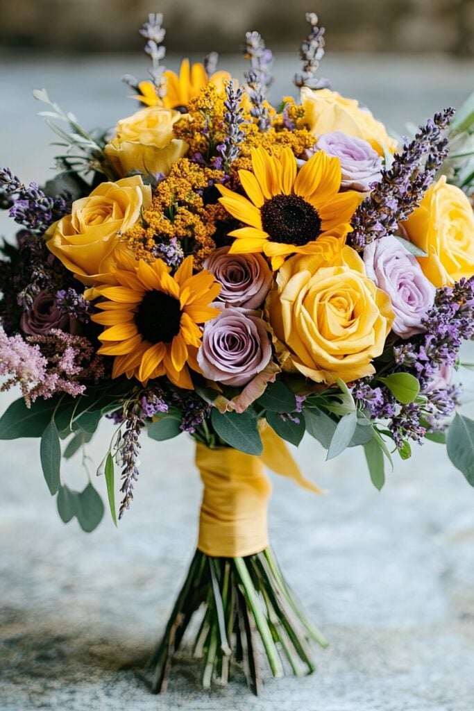 A rustic wedding bouquet featuring lavender roses, sunflowers, golden accents, and greenery.