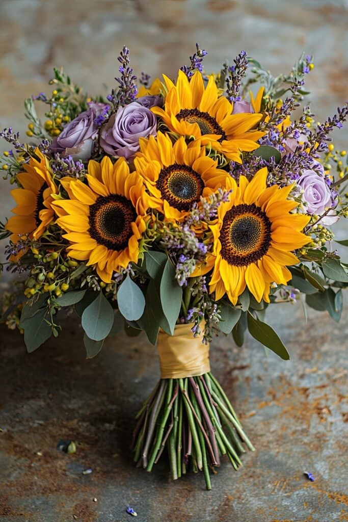 A wedding bouquet with sunflowers, lavender roses, and sprigs of lavender tied with a golden ribbon, styled against a rustic background.