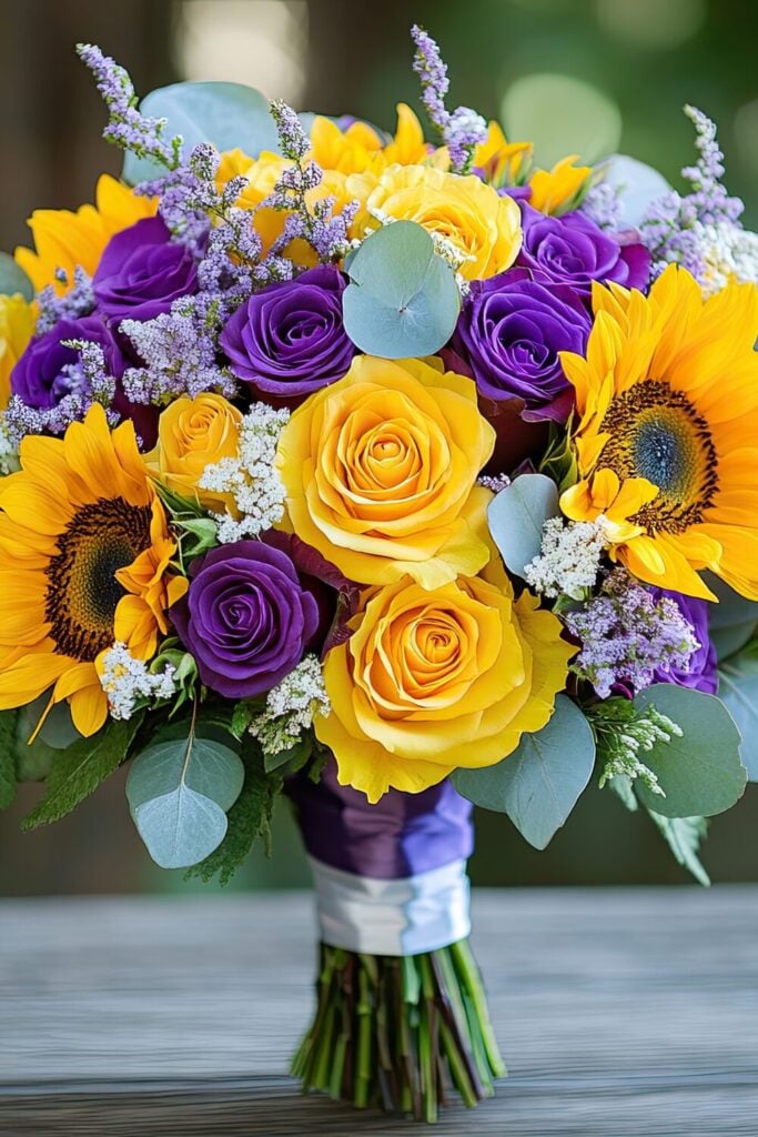 A vibrant wedding bouquet with purple and yellow roses, sunflowers, and eucalyptus, tied with a purple ribbon.