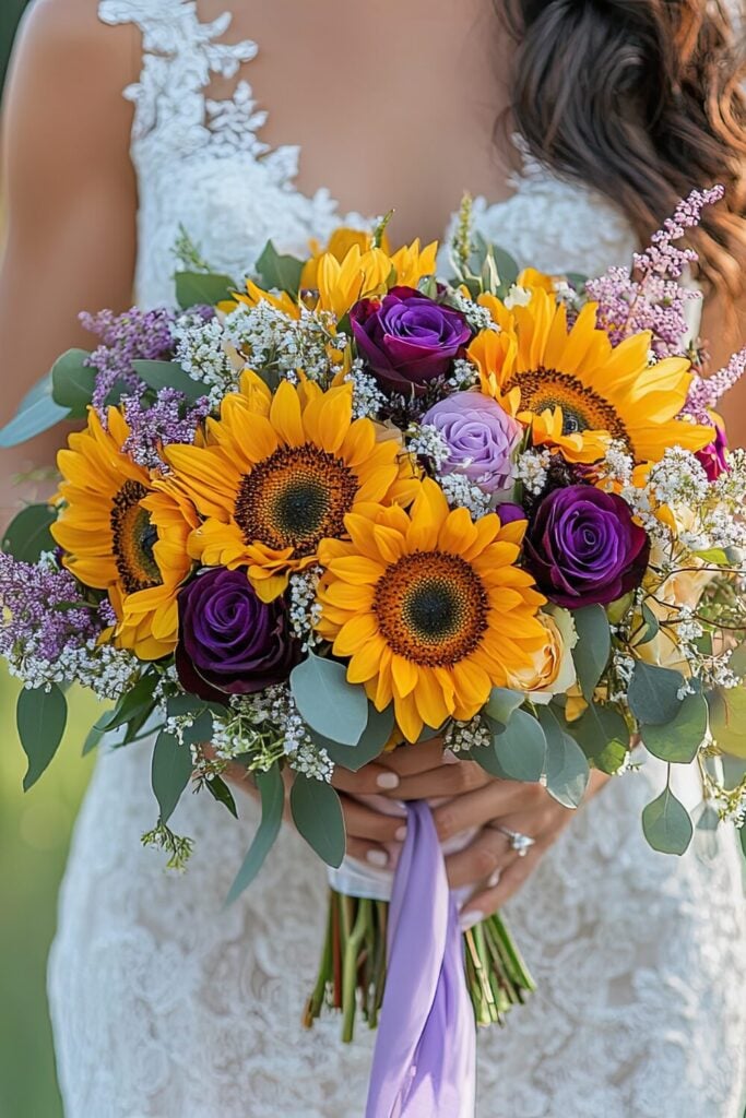 A rustic wedding bouquet featuring purple roses, sunflowers, and wildflowers, held by a bride in a lace gown.