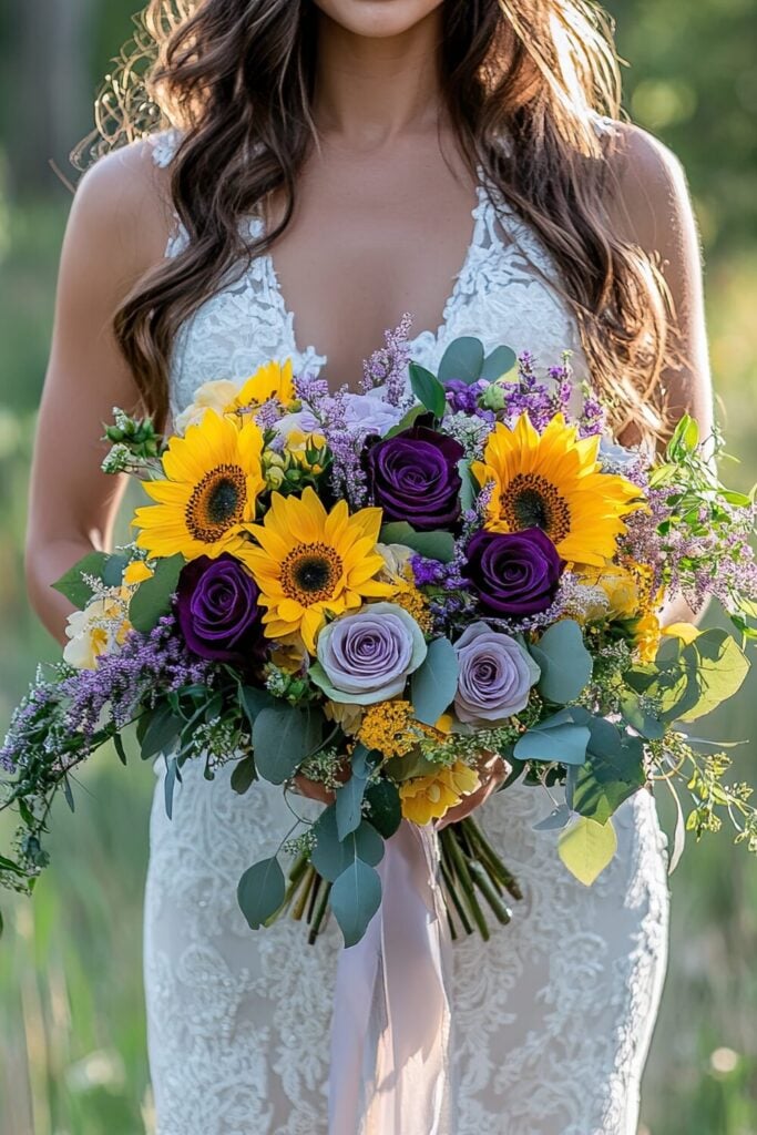 A rustic wedding bouquet featuring sunflowers, lavender roses, and soft greenery, held by a bride outdoors.
