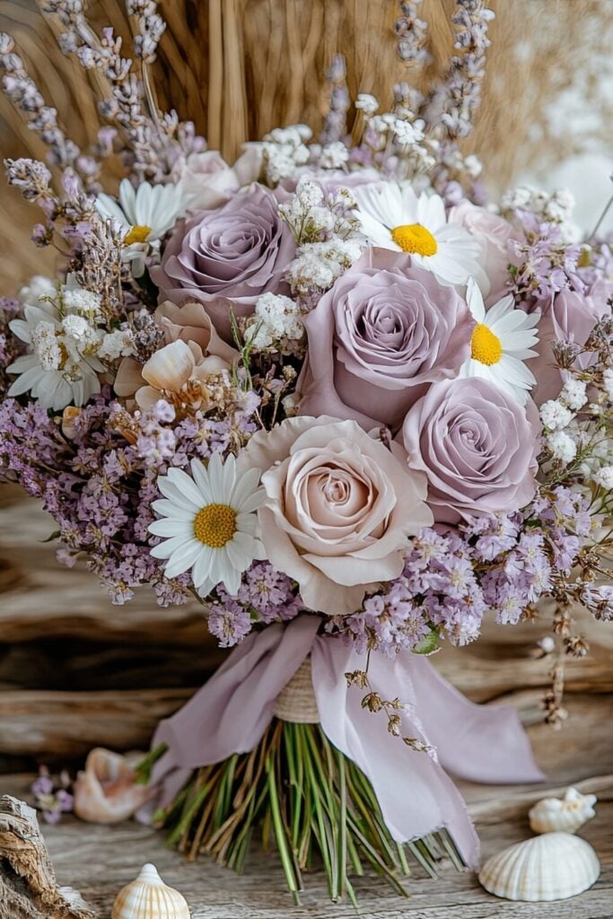 A wedding bouquet with purple roses, daisies, and wildflowers, tied with a soft lavender ribbon, surrounded by rustic decor.