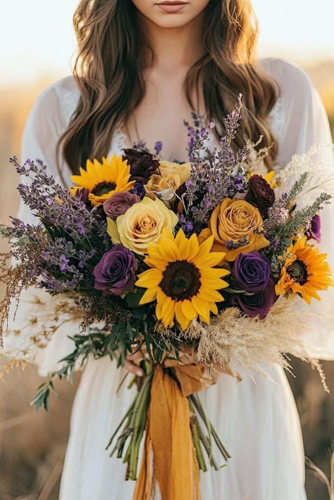 A boho wedding bouquet with pampas grass, sunflowers, and purple roses, tied with a golden ribbon.