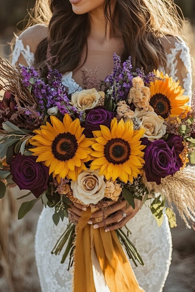 A rustic wedding bouquet with sunflowers, deep purple roses, and beige accents, tied with a golden ribbon.