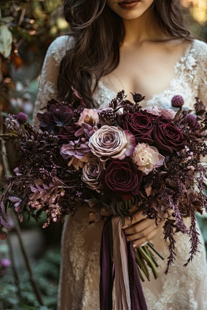 A moody wedding bouquet with plum roses, dark purple foliage, and soft floral accents, held by a bride in a lace gown.