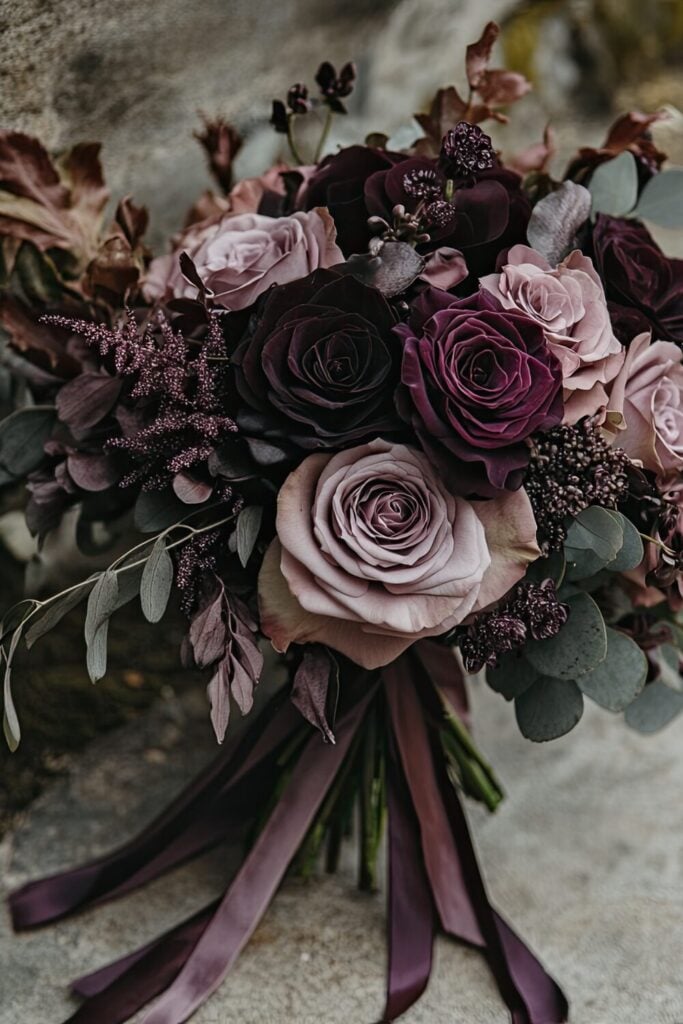 A wedding bouquet featuring merlot and lavender roses with dark purple foliage, tied with long ribbons.