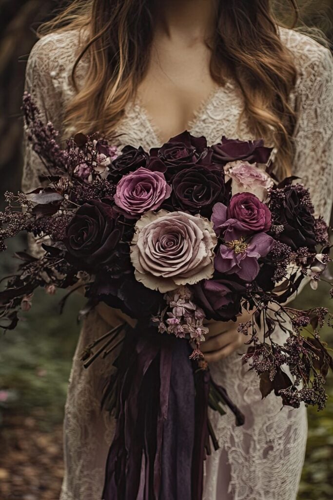 A romantic wedding bouquet with plum, lavender, and blush roses, paired with greenery and tied with ribbons.
