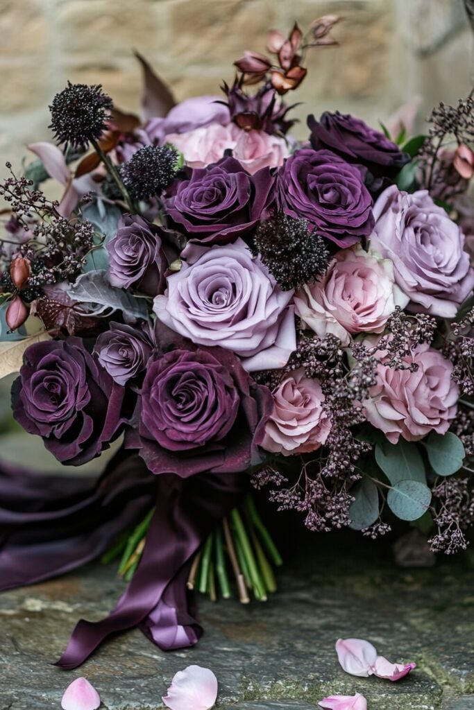 Close-up of a romantic purple rose wedding bouquet with lavender roses, black scabiosa, and a flowing plum ribbon.