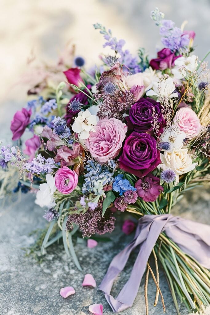 Wild and whimsical purple rose wedding bouquet with blush ranunculus, blue thistle, and lilac ribbon.