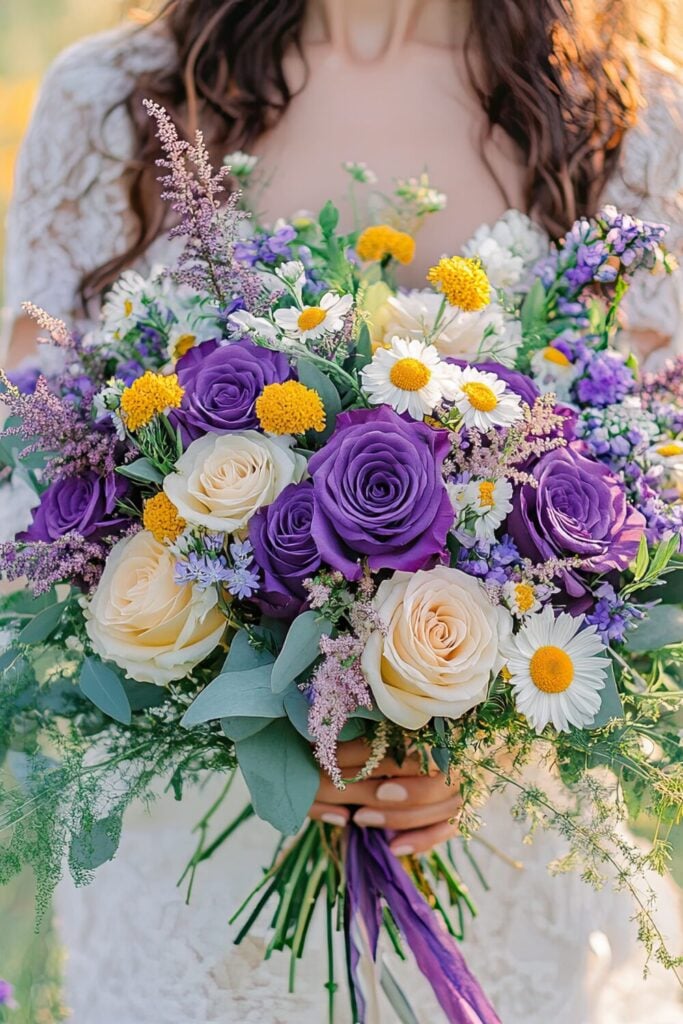 Vivid purple rose bridal bouquet with daisies, golden yarrow, and soft ivory roses in a sunlit meadow setting.