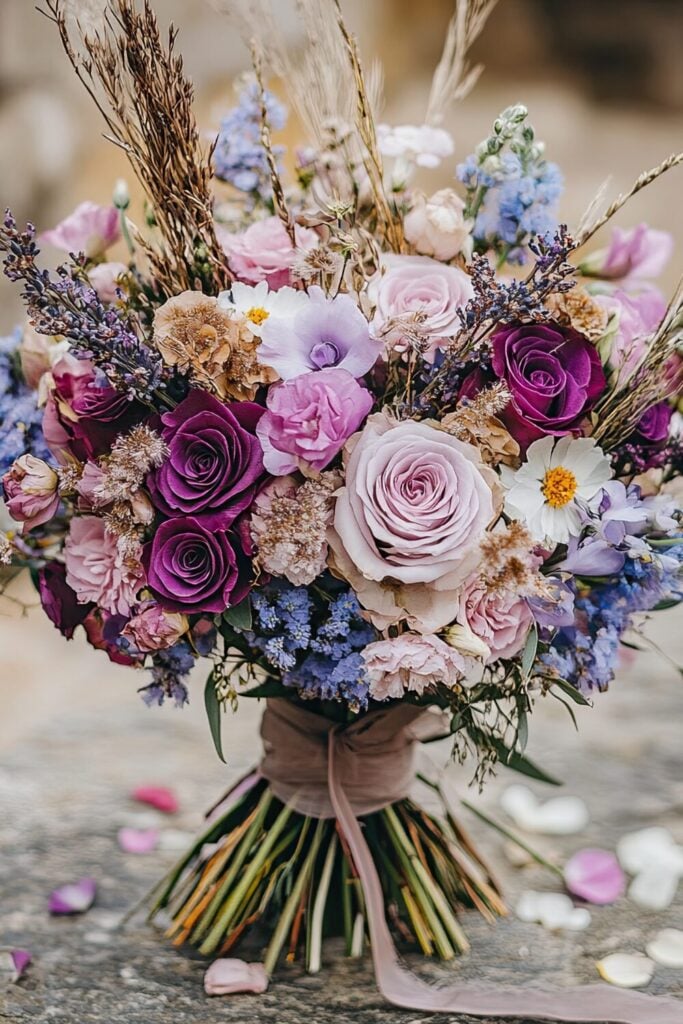 Romantic vintage-inspired wedding bouquet with purple roses, rustic fillers, and a soft lavender ribbon.