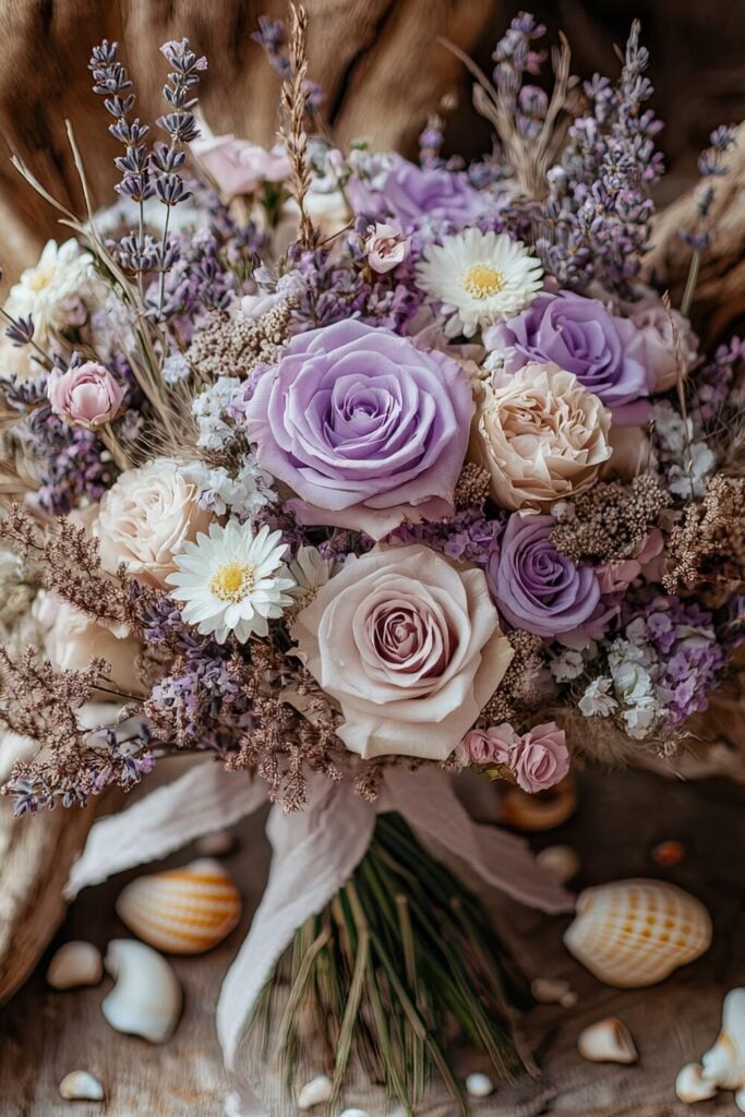 A vintage-style wedding bouquet featuring lavender roses, daisies, and wildflowers, accented with dried grasses and soft foliage.