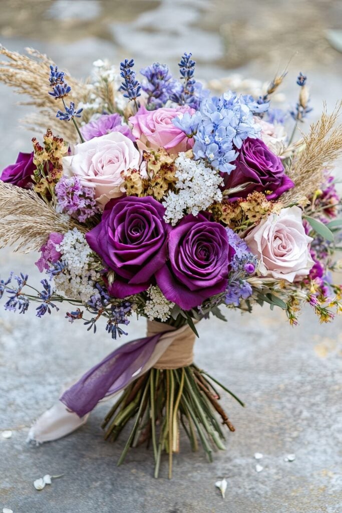 Rustic lavender wedding bouquet with purple roses, pastel hydrangeas, and dried lavender accents.
