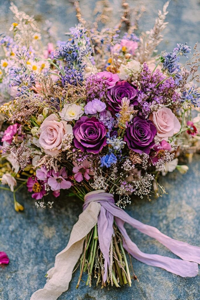 Romantic wildflower-inspired wedding bouquet with purple roses, blue accents, and a lilac ribbon.