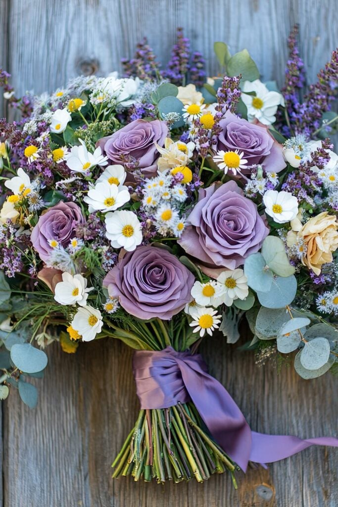 Rustic purple rose bouquet with lavender tones, daisies, and eucalyptus leaves tied with a satin ribbon.