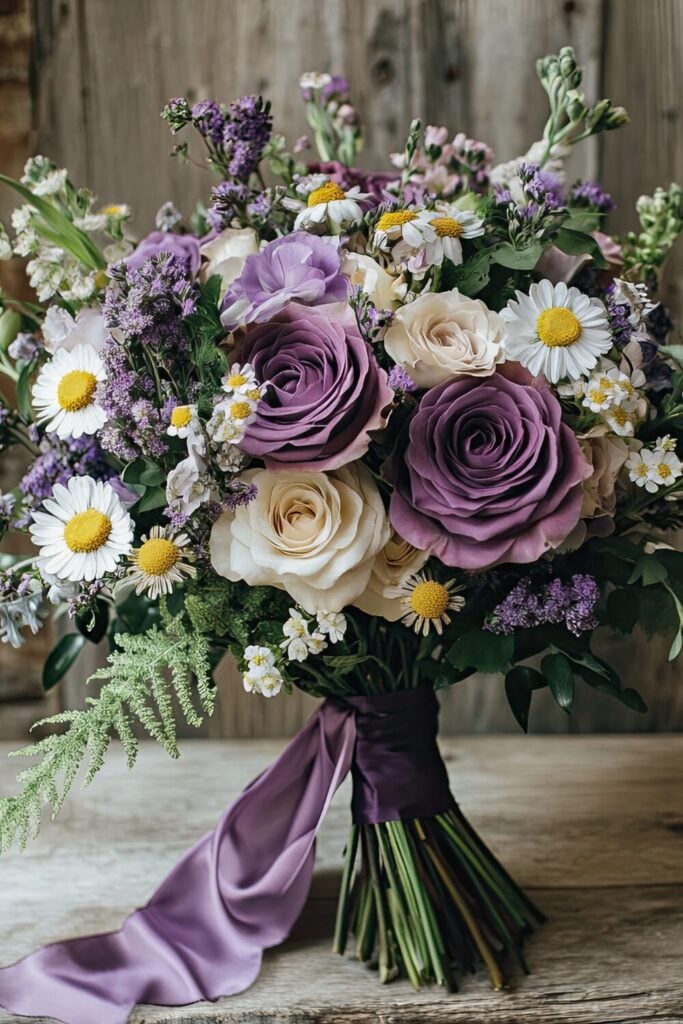 Rustic lavender rose bouquet with ivory roses, daisies, and sprigs of fresh lavender tied with a silk ribbon.