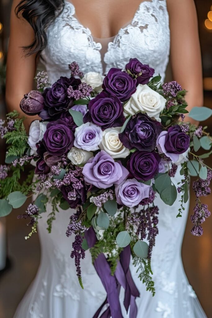 Elegant cascading wedding bouquet with purple and white roses, greenery, and lilac ribbons.