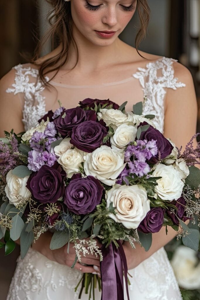 Timeless wedding bouquet with purple roses, ivory blooms, and greenery tied with a satin ribbon.