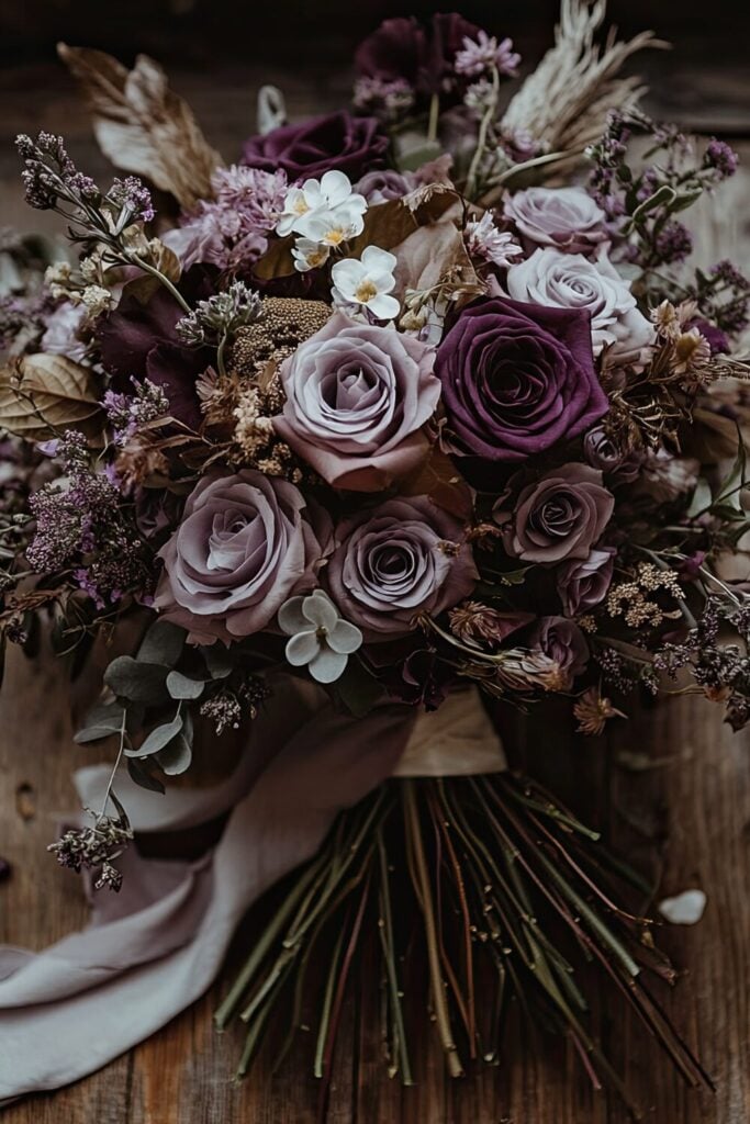 Vintage-inspired bouquet with dusky purple roses, white florals, and soft foliage tied with a flowing ribbon.