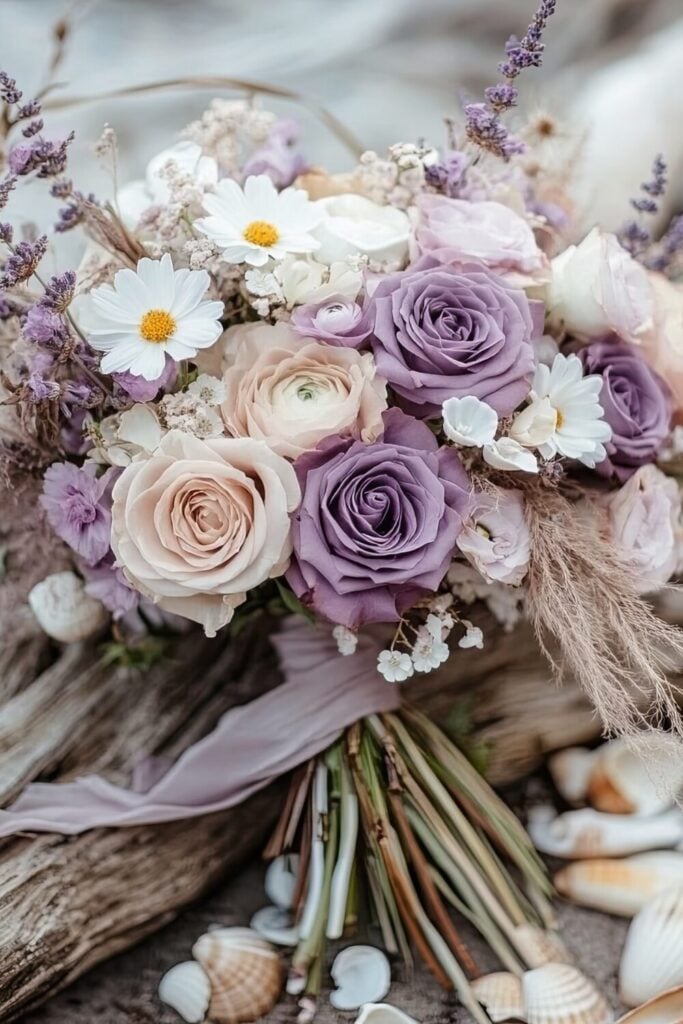A boho wedding bouquet of lavender roses, white daisies, and wildflowers with soft ribbons, surrounded by seashells and driftwood.
