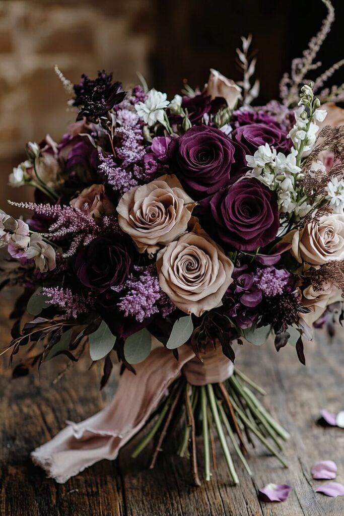 Elegant wedding bouquet with beige and plum roses, lilac accents, and rustic textures.