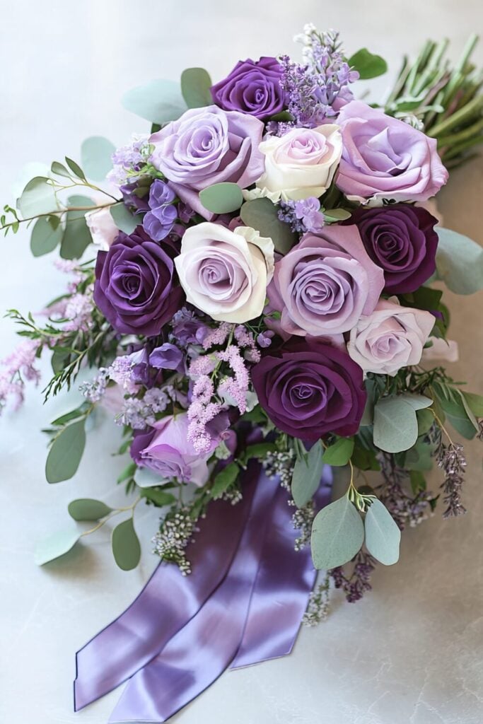 Soft wedding bouquet with lavender, lilac, and white roses, accented by greenery and tied with a glossy purple ribbon.