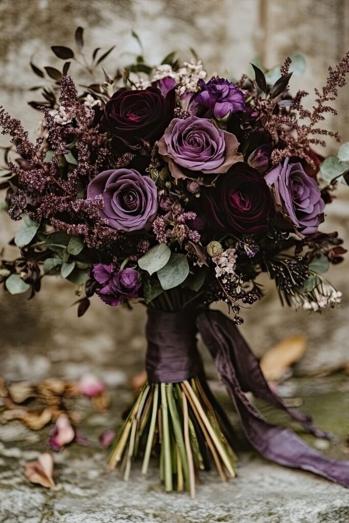 Moody wedding bouquet with deep plum roses, muted greenery, and a vintage-style ribbon.