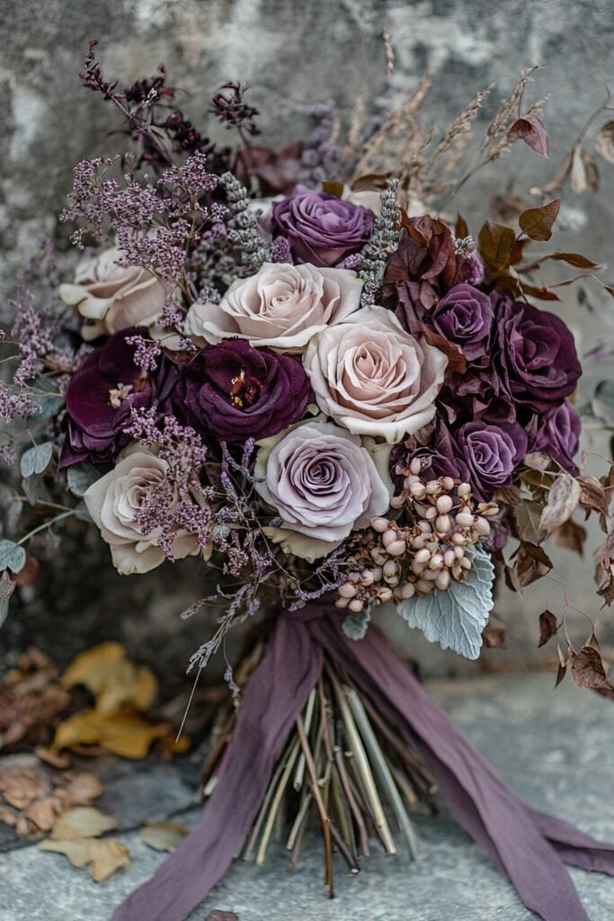 Rustic wedding bouquet with muted mauve roses, dried accents, and soft lilac ribbon for an autumnal look.