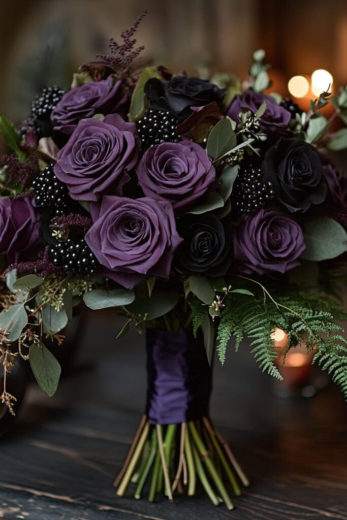 Bold wedding bouquet with deep purple roses, black accents, and greenery, tied with a sleek ribbon.