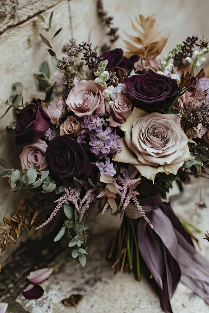Romantic wedding bouquet with plum, beige, and lilac roses, accented by cascading ribbon and soft greenery.