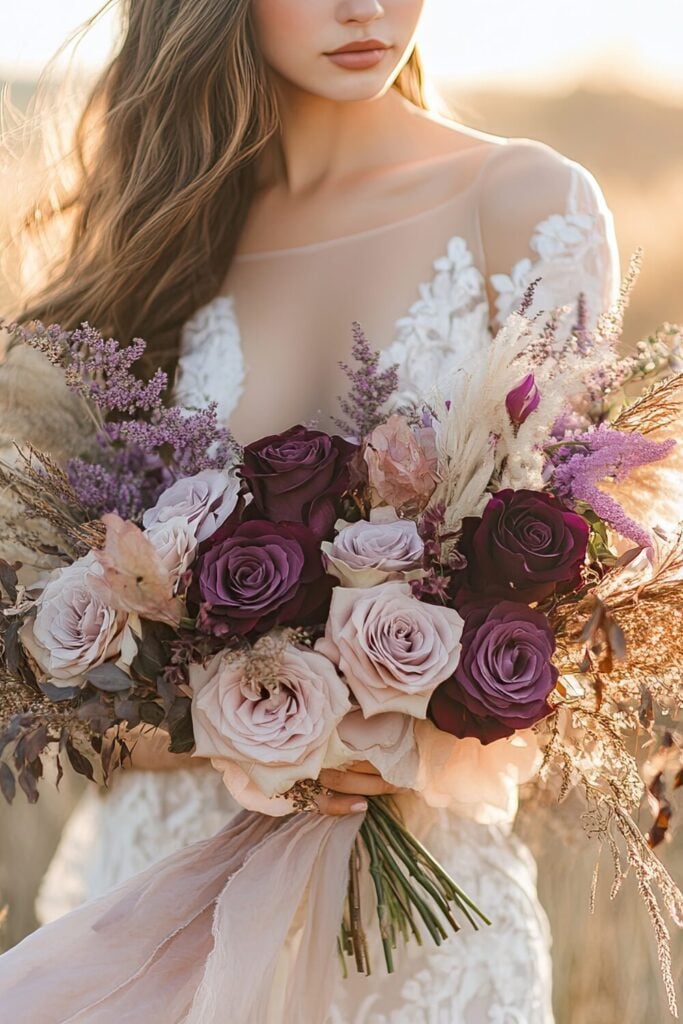 Sunset-inspired wedding bouquet with plum and lavender roses, dried foliage, and feathery textures.