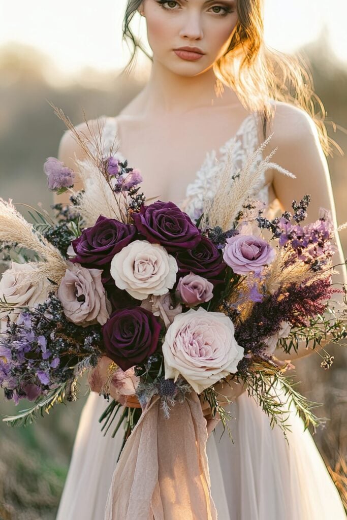 Bohemian wedding bouquet with plum and mauve roses, pampas grass, and lavender sprigs.