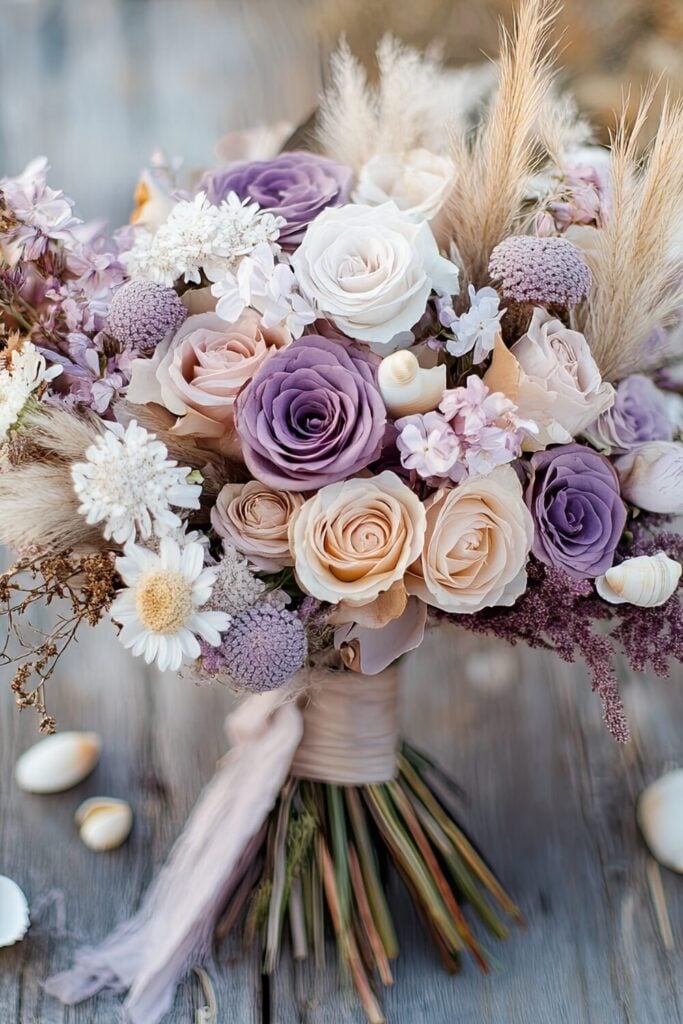 A bohemian wedding bouquet with purple roses, pampas grass, and wildflowers, styled with seashell accents on a wooden surface.