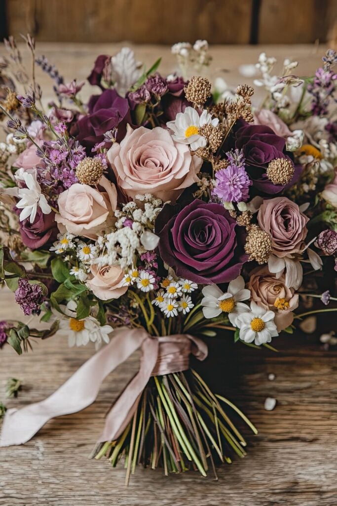 Rustic wedding bouquet with mauve and plum roses, wildflowers, and soft neutral accents.