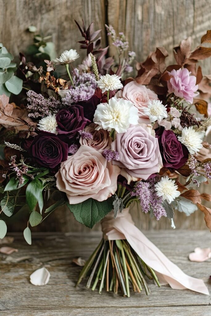 Hand-tied bridal bouquet with mauve and plum roses, white flowers, bronze leaves, and rustic greenery on a wooden backdrop.
