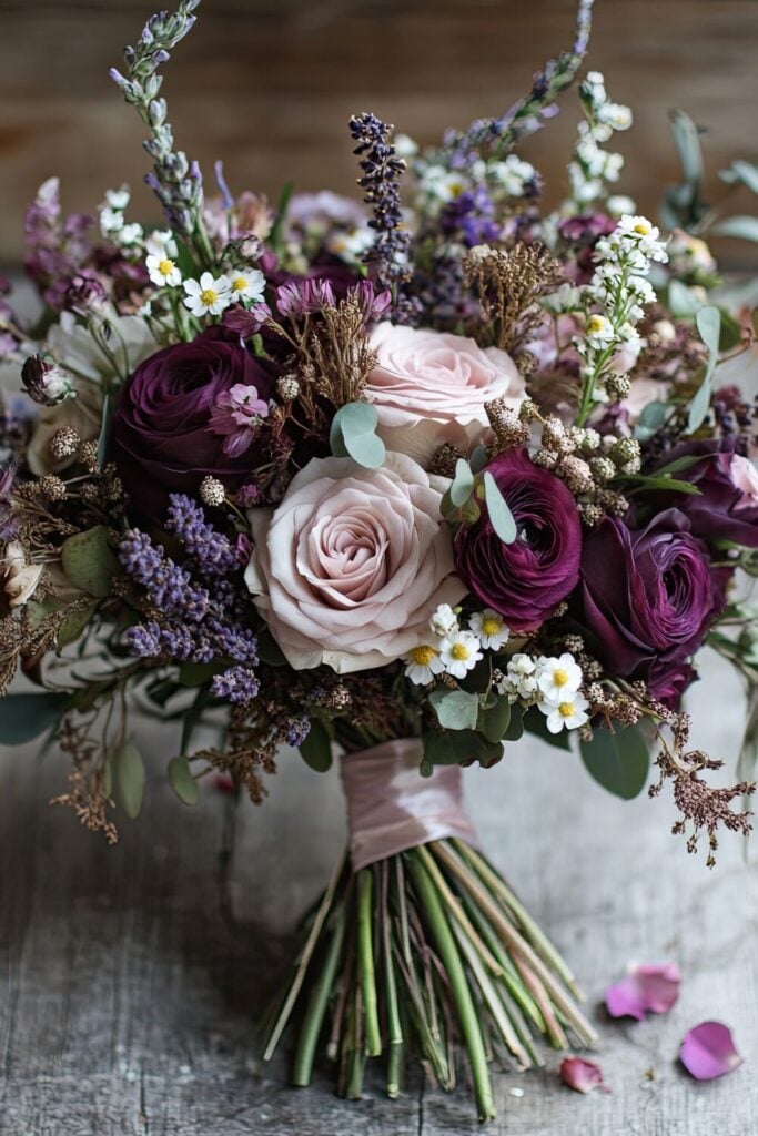 Romantic wedding bouquet with deep purple roses, mauve blooms, lavender sprigs, and wild daisies, tied with a soft ribbon.