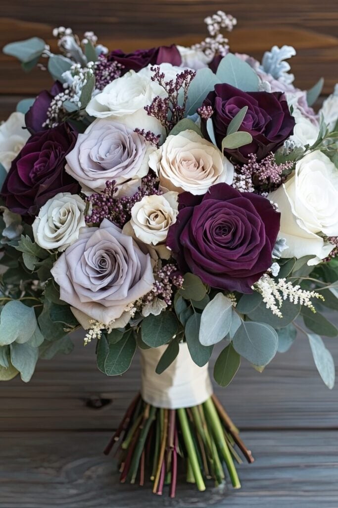 Elegant bridal bouquet with lavender, ivory, and aubergine roses surrounded by eucalyptus and filler blooms.