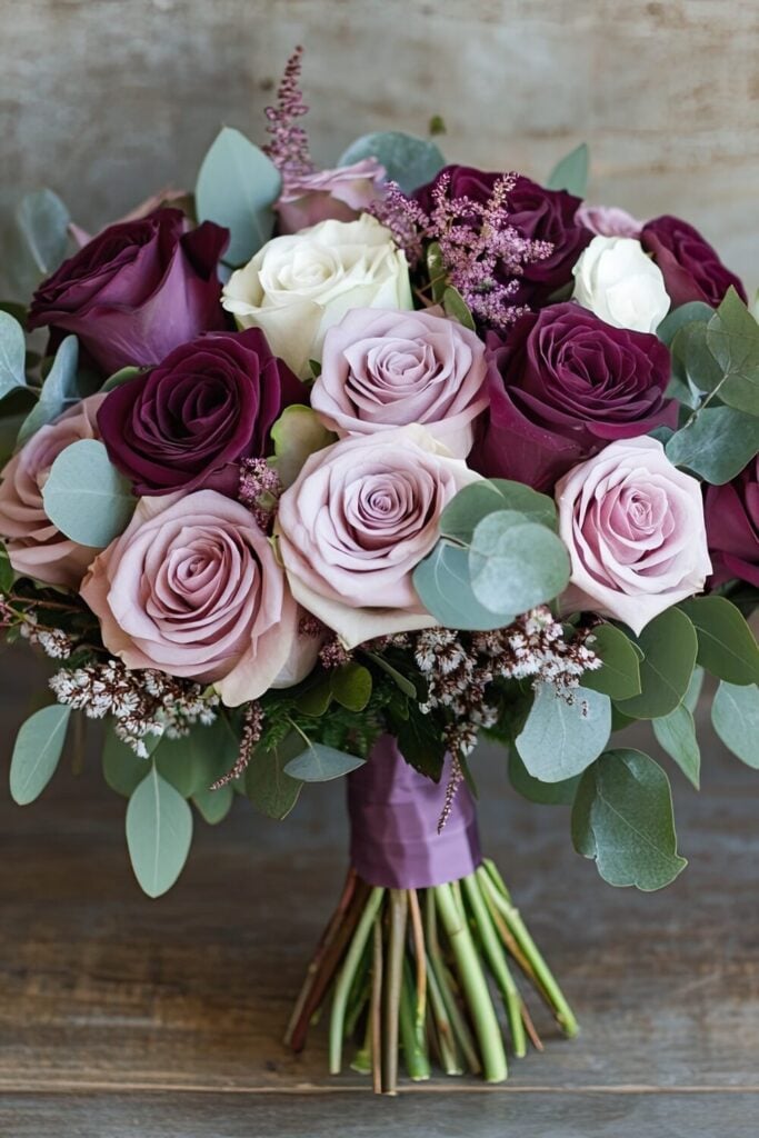 Blush and lavender rose bridal bouquet with burgundy accents and eucalyptus, tied with a silk ribbon.