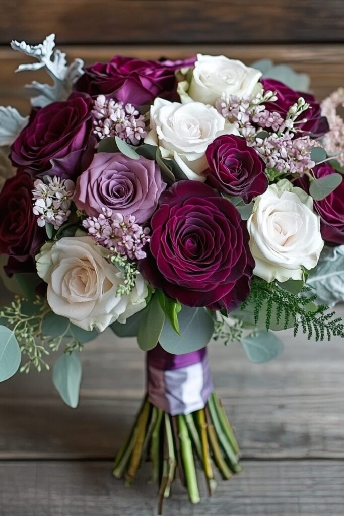 Modern wedding bouquet with deep magenta, white, and lilac roses, framed by greenery and small floral accents.