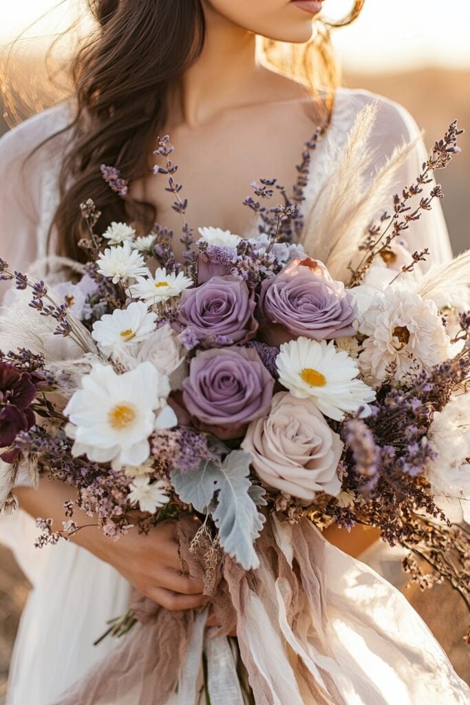 Lavender rose bridal bouquet with daisies, pampas grass, and soft ribbons held by a bride in a natural sunset setting.