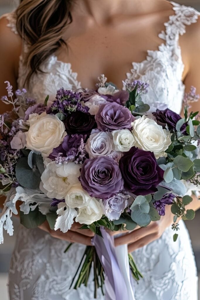 Bridal bouquet featuring plum and ivory roses, lavender accents, and eucalyptus leaves, against a lace wedding dress.