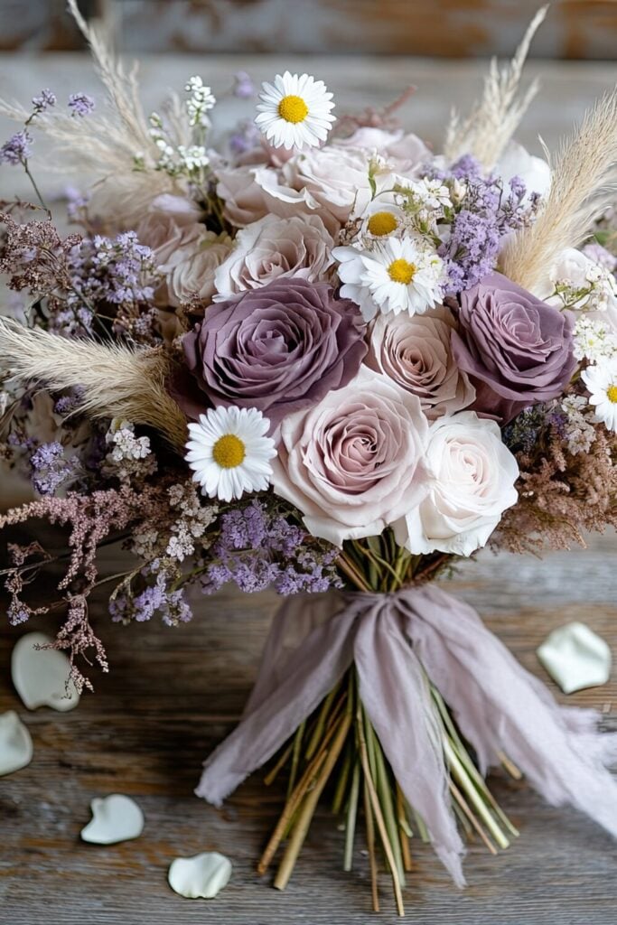 Wildflower-inspired bouquet with muted purple roses, daisies, and pampas grass tied with flowing lavender ribbon.