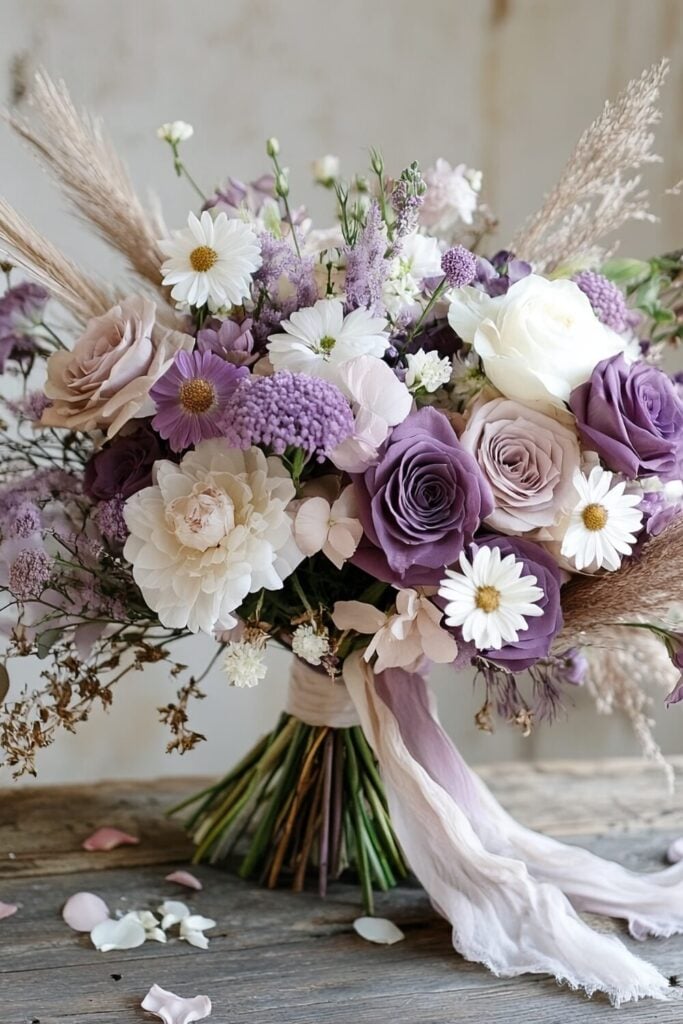 Lush garden-style wedding bouquet with lilac roses, white chrysanthemums, daisies, and lavender tied with a soft silk ribbon.