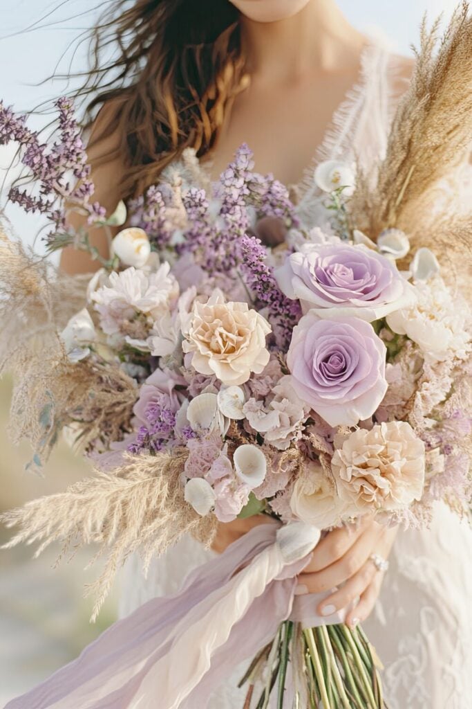A pastel-toned wedding bouquet featuring lavender roses, pampas grass, and delicate creamy blooms held by a bride in a lace gown.