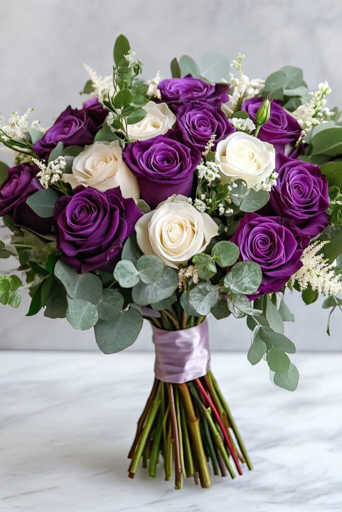 Classic wedding bouquet with deep purple and white roses, eucalyptus, and a satin lavender ribbon.